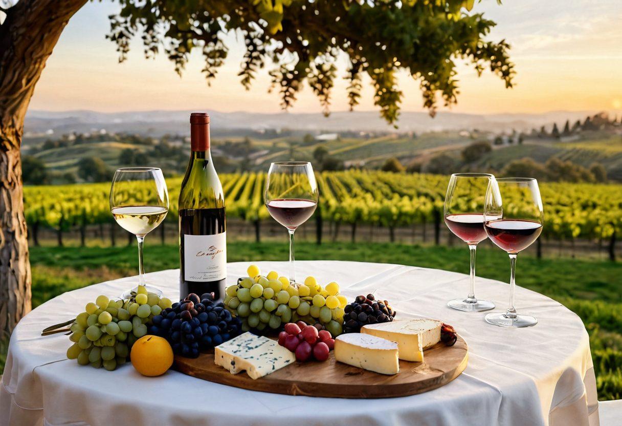 A beautifully curated table set for a wine tasting, featuring an array of elegant wine glasses filled with rich red and crisp white wines. Surrounding the table are lush vineyards under a golden sunset, reflecting a sense of luxury and relaxation. Incorporate gourmet cheese and fruit pairings artfully displayed, inviting viewers to indulge in the experience. Add a couple toasting with their glasses in the background, evoking a joyful celebration. super-realistic. vibrant colors. rich textures.