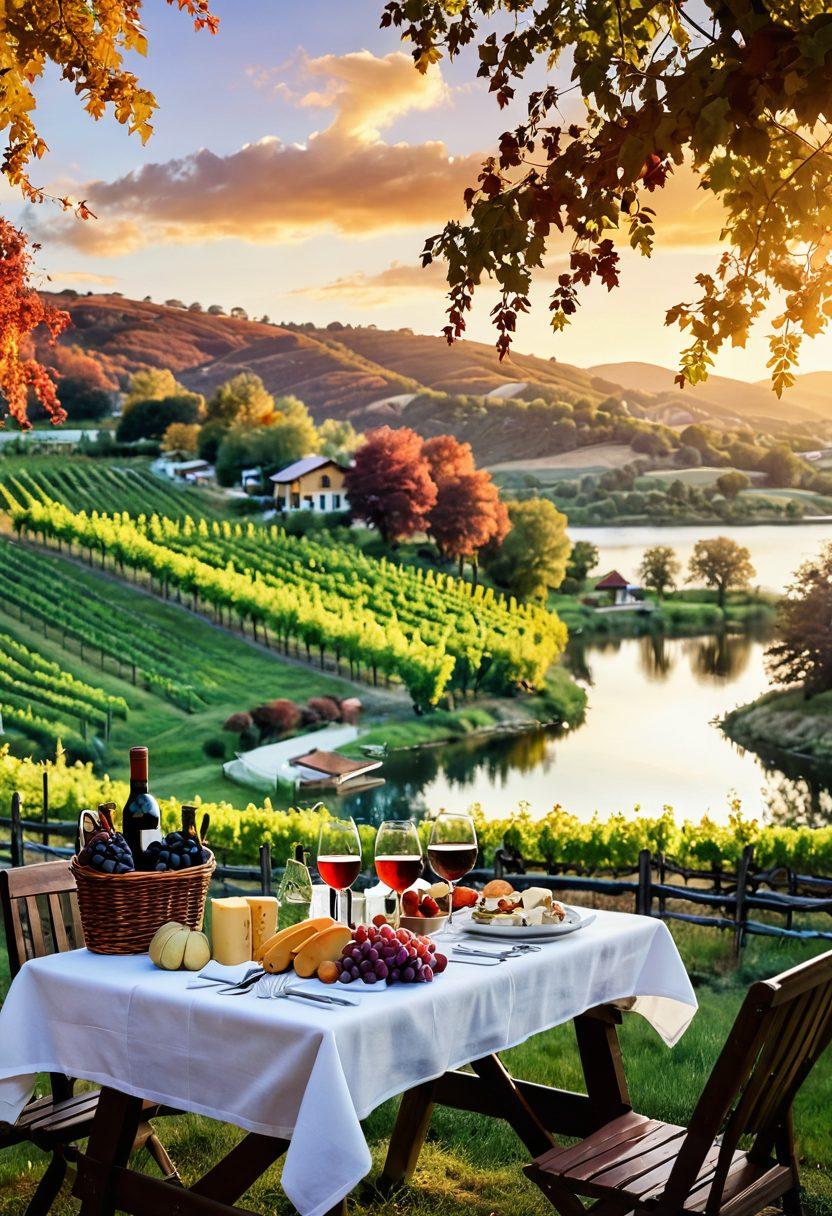 A picturesque vineyard at sunset, with cozy, upscale vacation rentals nestled among the lush grapevines. A wooden picnic table set with a fine selection of wines and gourmet cheese, surrounded by vibrant autumn foliage. A serene landscape highlighting rolling hills and a tranquil lake, inviting wine lovers to relax. Super-realistic. Warm colors. Soft focus.
