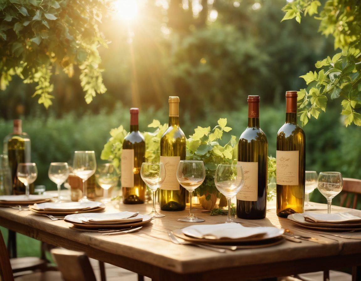 A beautifully set rustic wooden table adorned with vintage wine bottles and elegant glasses, surrounded by lush greenery. Soft, warm golden light filters through leaves, creating a cozy, inviting ambiance. In the background, blurred laughter and happy guests raising their glasses in a toast, capturing the essence of celebration. super-realistic. warm colors. soft focus.